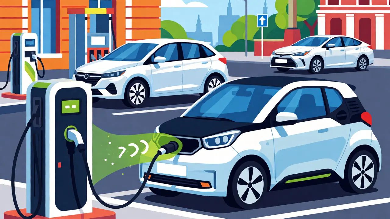 Сравнение типов электрокаров: BEV, PHEV и гибриды на городской улице